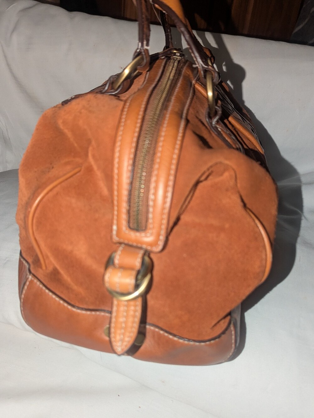 Cole Haan Cognac Brown Suede With Leather Woven Accent Duffle Bag - Picture 6 of 14
